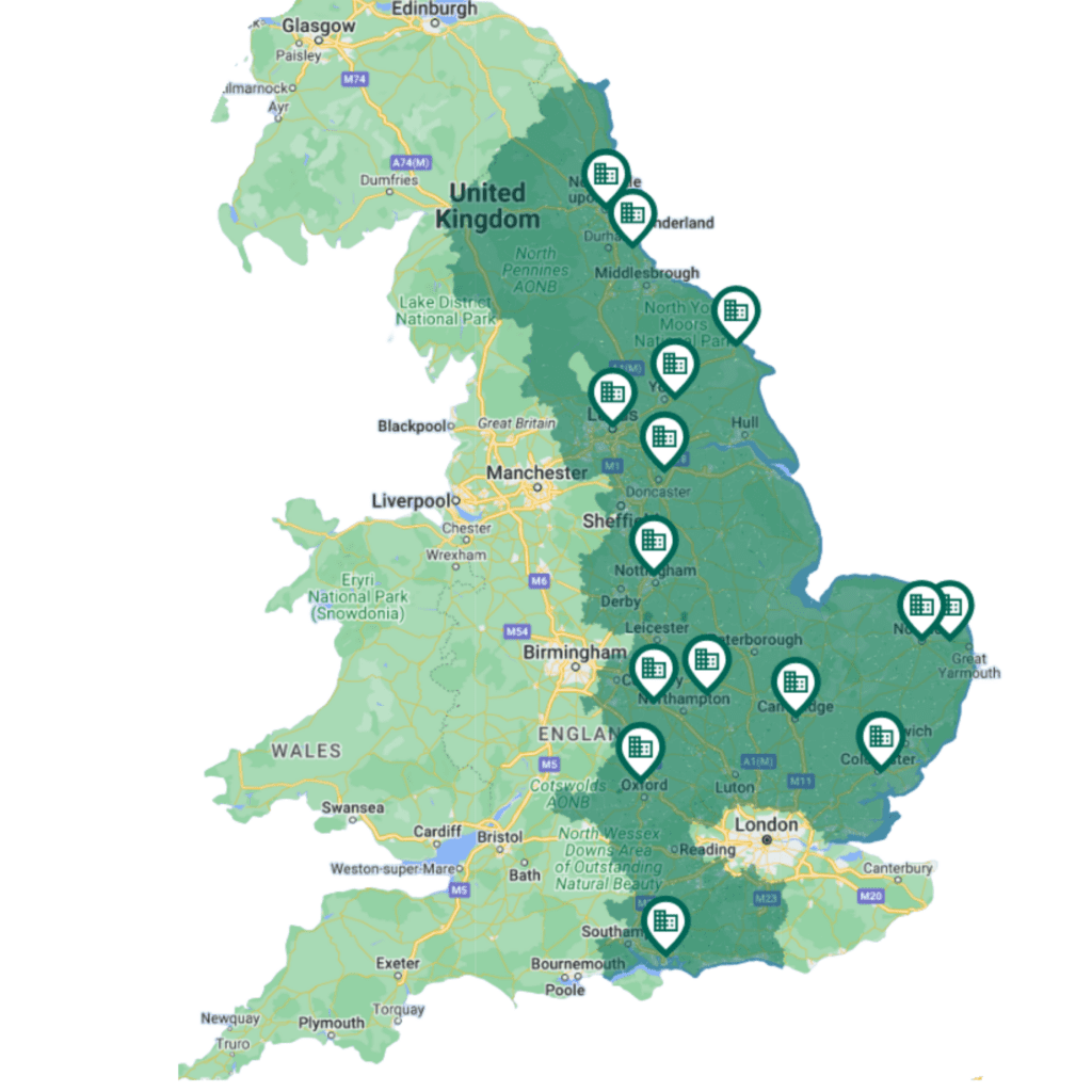 GBR MAP A map of the UK showing all the Green Building Renewables offices