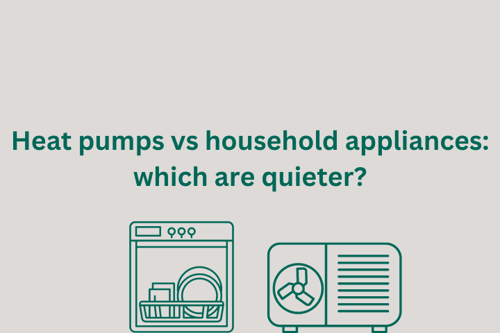 A header image featuring graphics of a dishwasher and a heat pump with the question 'heat pumps vs household appliances: which are quieter'